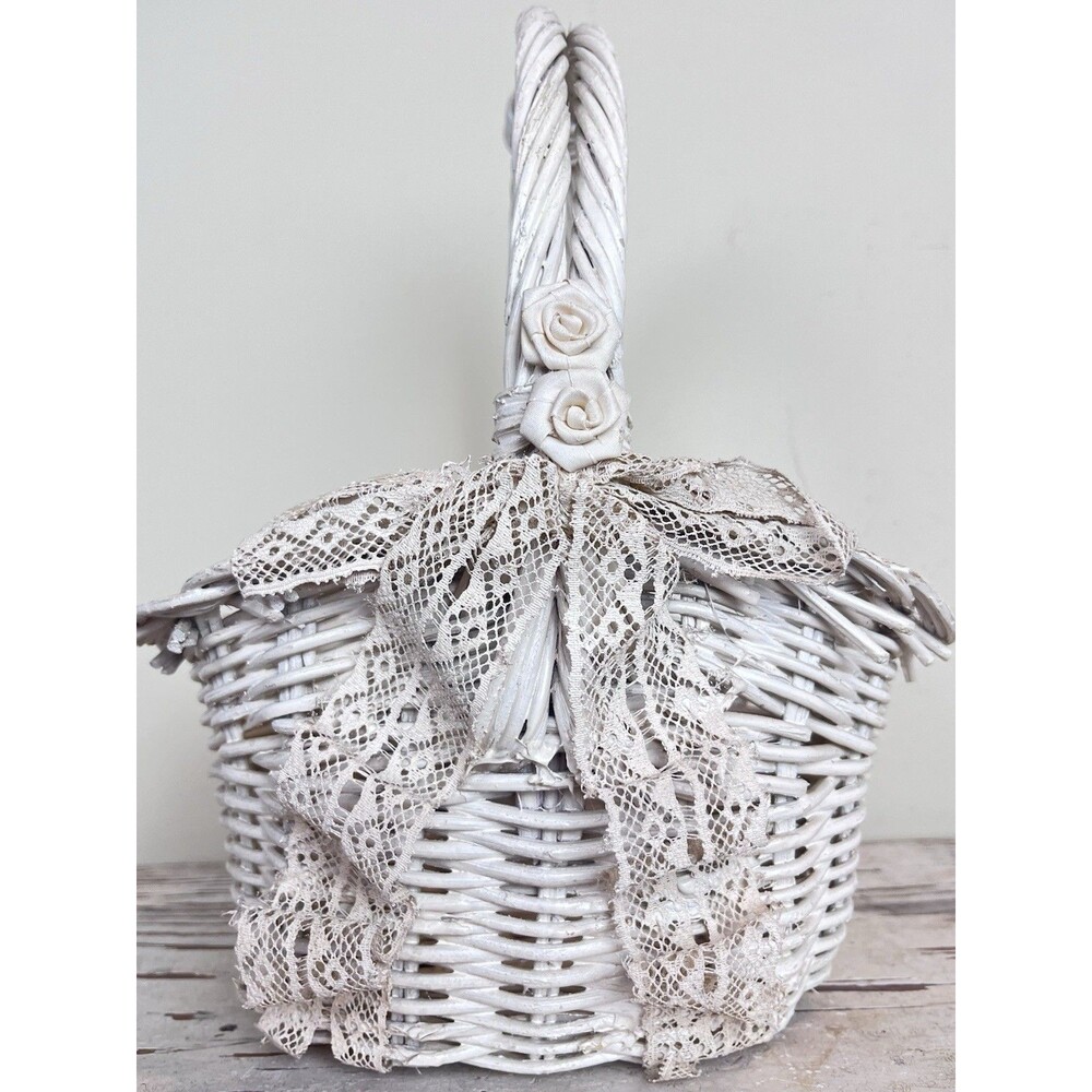 Vintage Shabby White Wicker Rosette Accent Lace Bowed Wicker Cottage Basket 13”